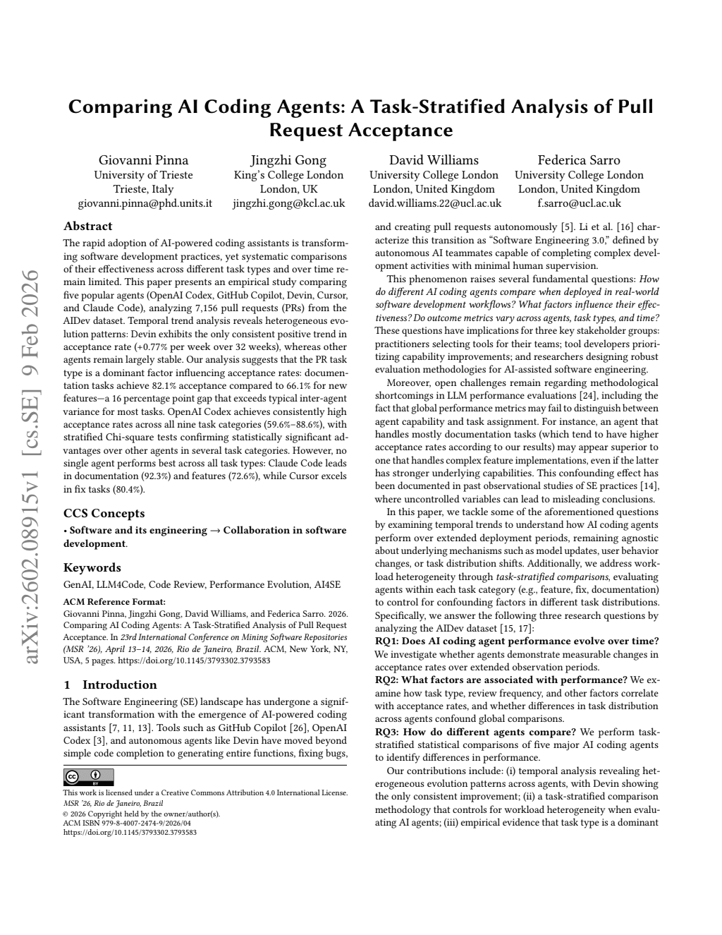 Comparing AI Coding Agents: A Task-Stratified Analysis of Pull
Request Acceptance