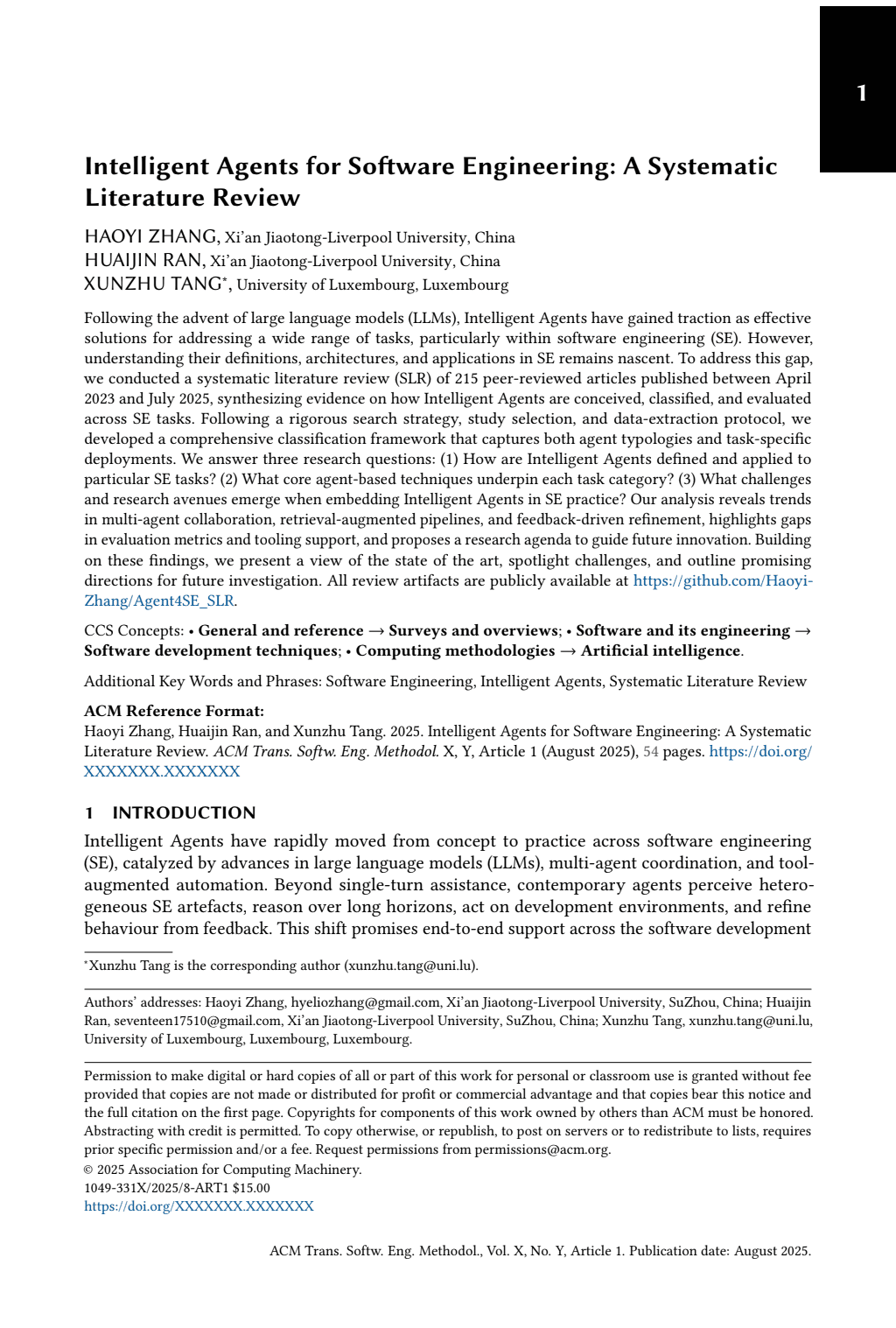 Intelligent Agents for Software Engineering: A Systematic
Literature Review